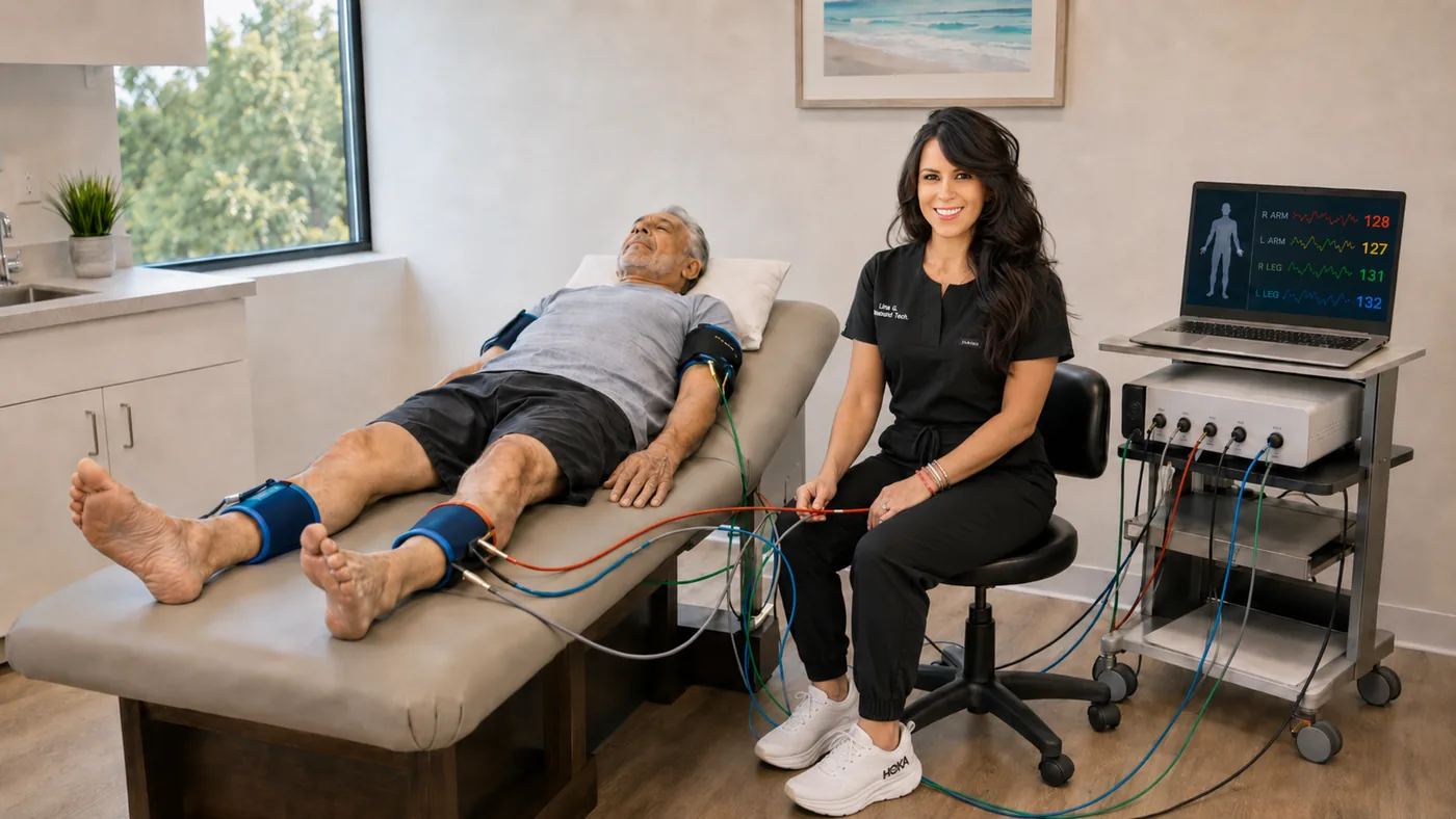 Patient undergoing sudomotor testing with hand and foot sensor plates in a clinic exam room