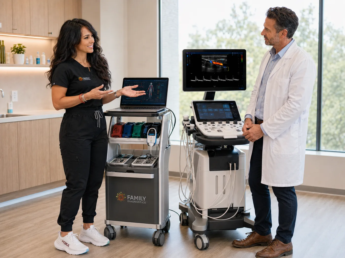 Family Diagnostics technician presenting portable vascular testing equipment to a physician inside a clinic