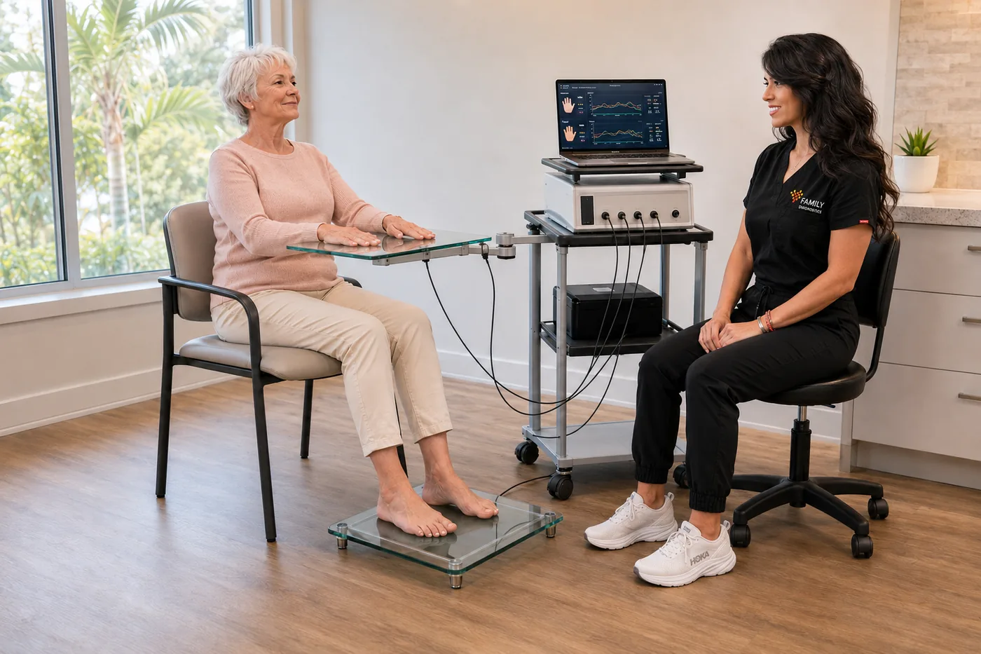 Family Diagnostics technician performing an ankle-brachial index test with blood pressure cuffs