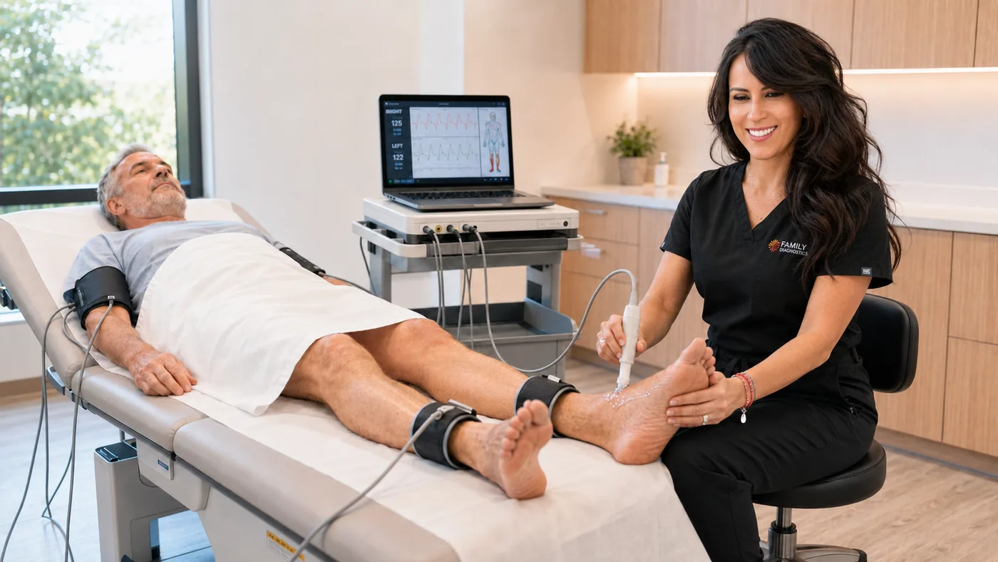 Family Diagnostics technician performing an ankle-brachial index test with blood pressure cuffs on the arm and both ankles