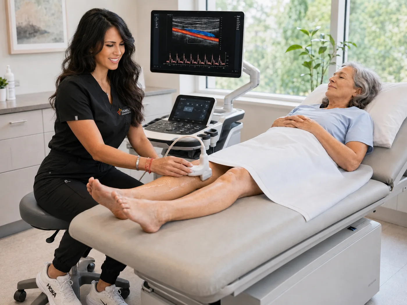 Family Diagnostics ultrasound technician performing a lower-extremity arterial Doppler ultrasound on a patient’s leg
