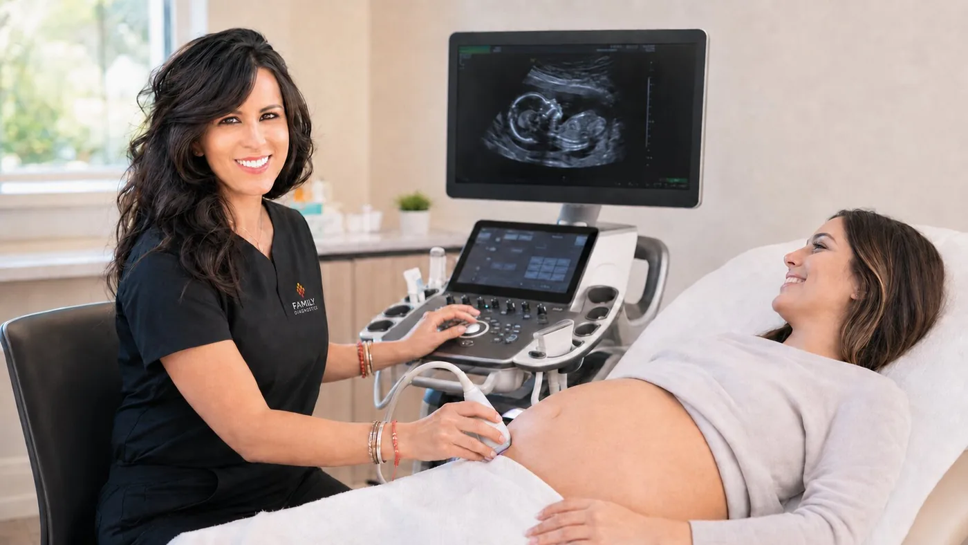 Family Diagnostics ultrasound technician performing an obstetric ultrasound on a pregnant patient