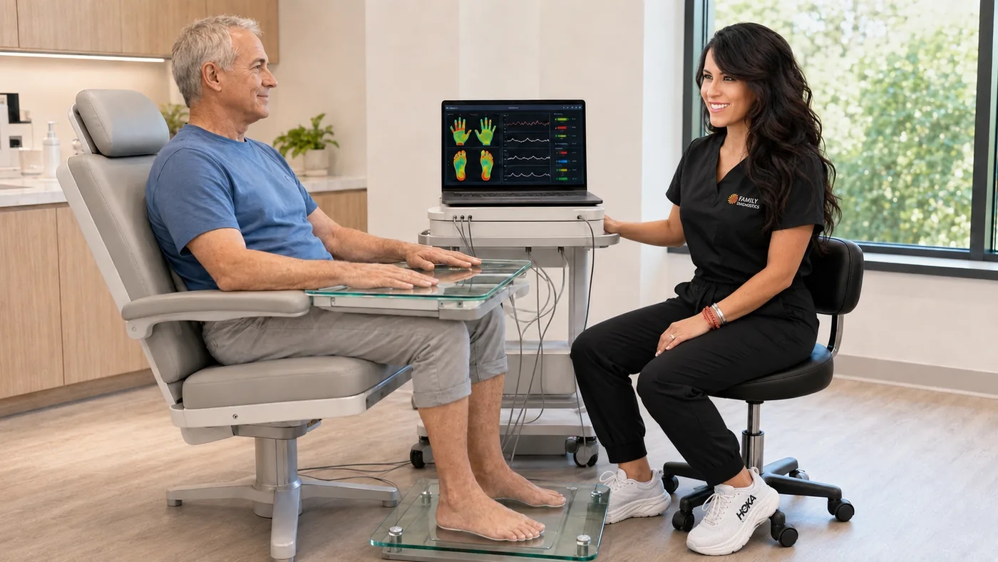 Patient undergoing sudomotor testing with hand and foot sensor plates showing results on screen