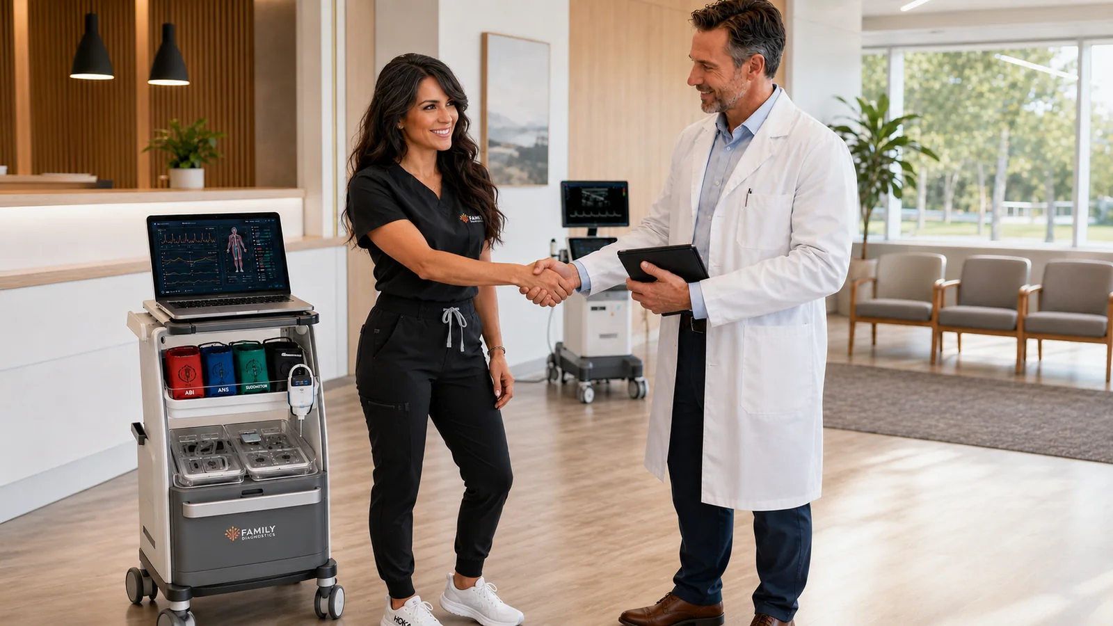 Family Diagnostics technician shaking hands with a physician beside portable diagnostic equipment